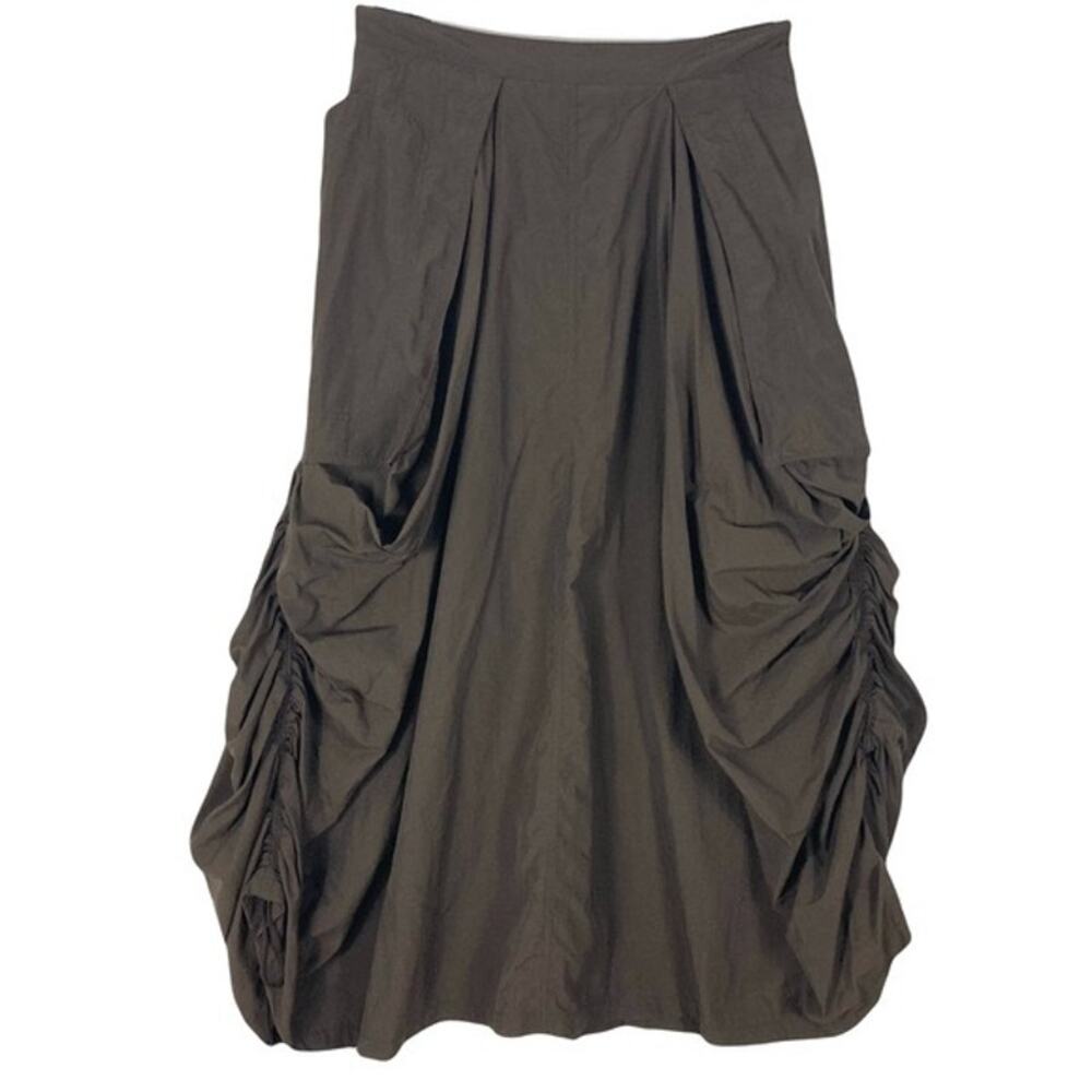 nwot HANNA La Journee Skirt 2~M Brown Ruched-Sides Pockets Midi Zip ElasticWaist